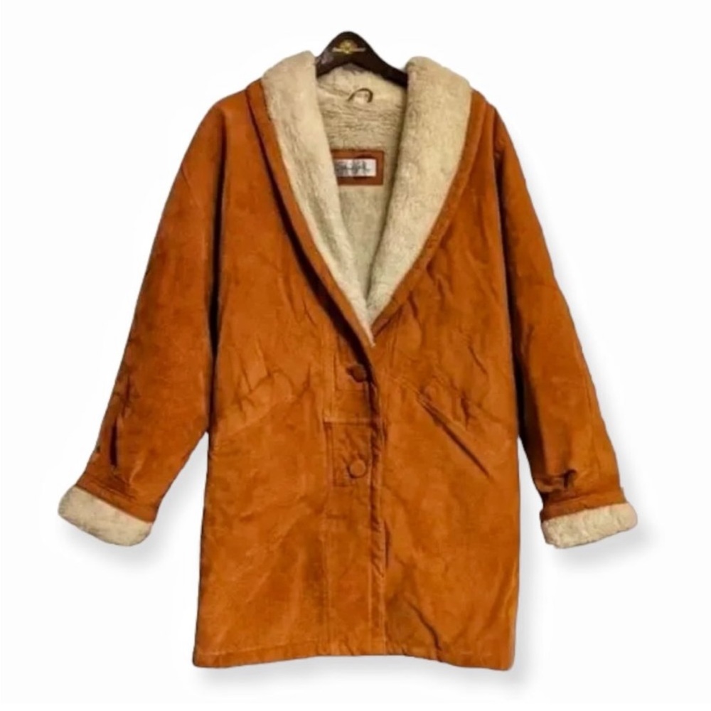 Vintage 90s Crinkle Leather Sherpa Fleece Lined Jacket Spiegel L